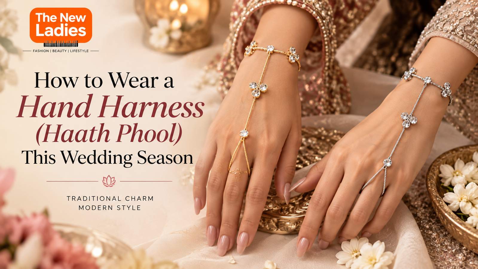 Woman wearing a crystal hand harness (haath phool) for a wedding look
